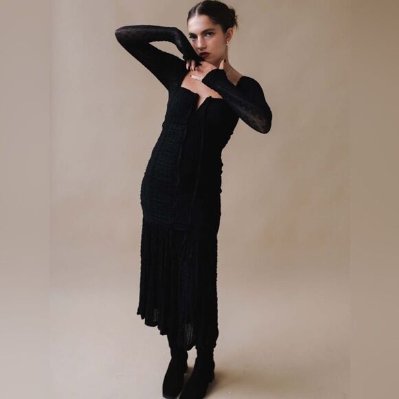 Ganni Midi Black Dress Ruched Stretch-Cloqué Size 10 - Picture 10 of 17